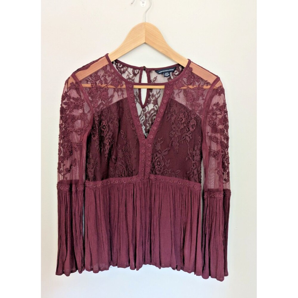 American Eagle Womens Top Lace Sheer Festival SZ S Red Boho Whitchy Bell Sleeve